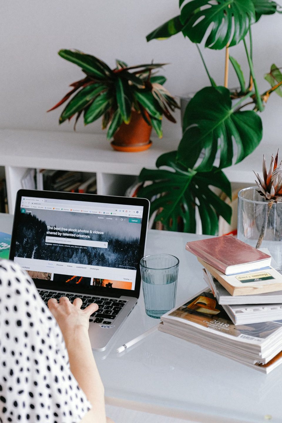 A laptop on a bright desk with plants